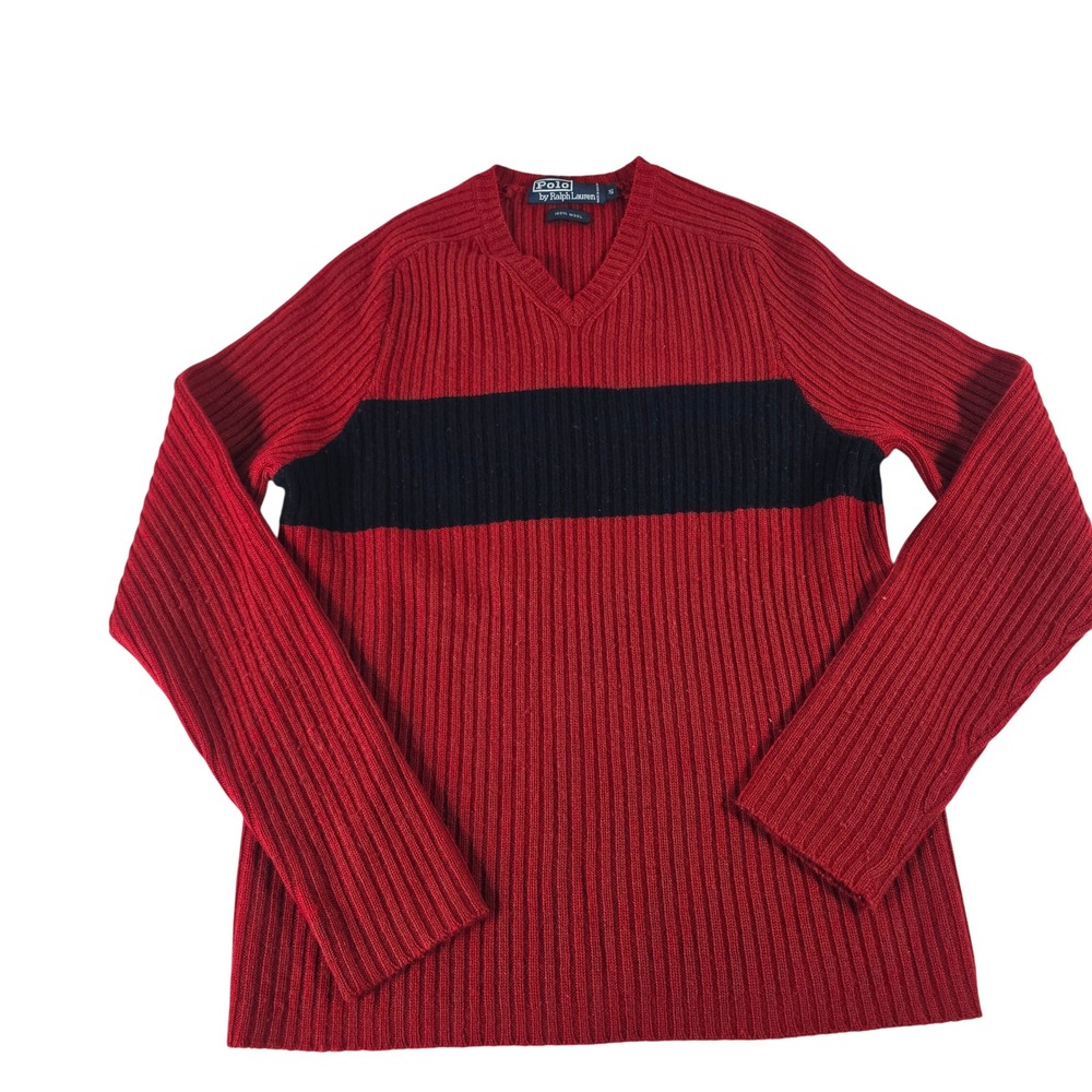 Polo Ralph Lauren Mens Small Red Navy Blue Stripe Wool Ribbed V-Neck Sweater